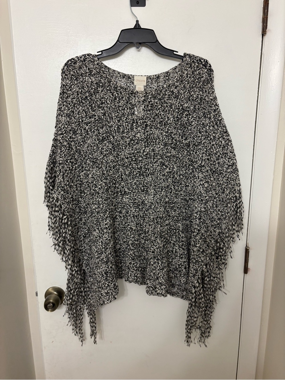 Chico's Black White Marled Open Knit Fringe Poncho Sweater One Size OS